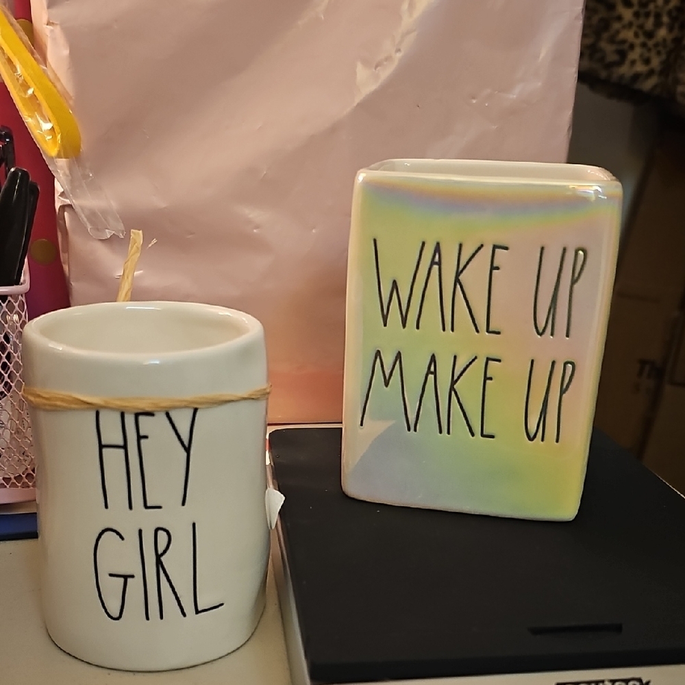 Rae DUNN Ceramic Cup and Brush Holder with Text